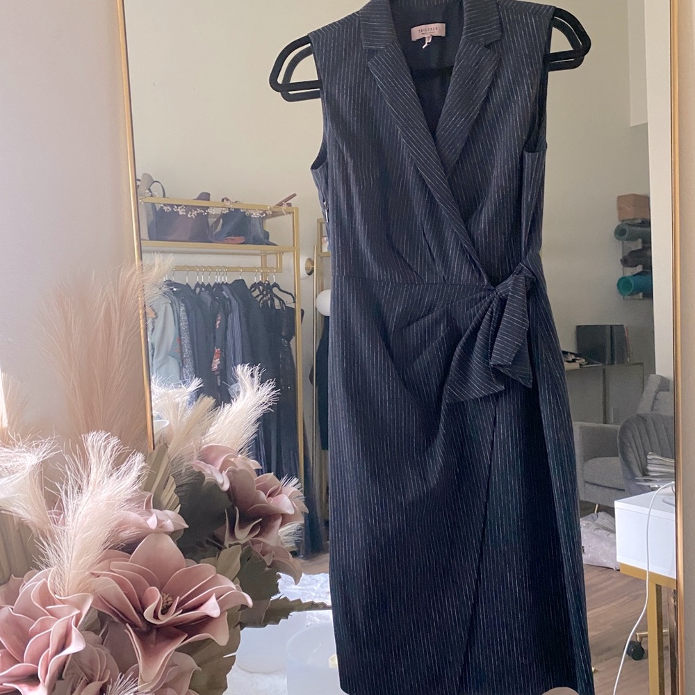 Tailored Rebecca Taylor Suited Pinstripe Striped Navy Wrap Sleeveless Midi Dress